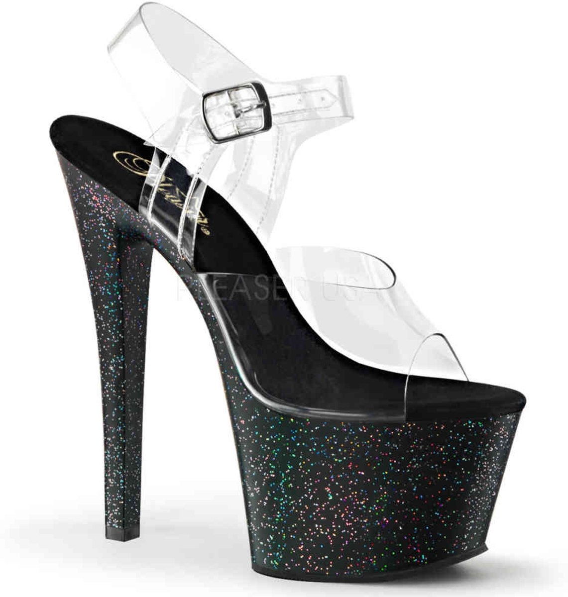 EU 38 = US 8 | SKY-308MG | 7 Heel, 2 3/4 PF Ankle Strap Sandal w/Mini Glitter